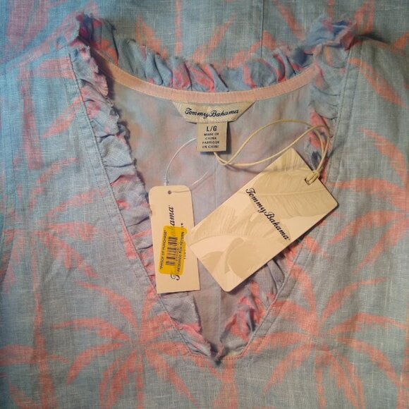 NWT  Tommy Bahama  L   linen dress  sky blue/pink palm trees - Picture 1 of 12